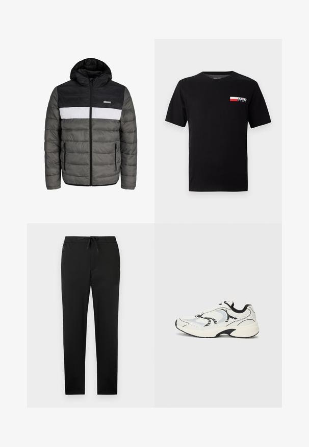 Giacca imbottita con cappuccio nero, corpo grigio e pannello centrale bianco. Dotata di chiusura con zip e tasche laterali con un motivo trapuntato orizzontale.; T-shirt in cotone nero con un piccolo logo e un rettangolo colorato in rosso e bianco sul lato sinistro del petto.; Jack & Jones JPSTACE NEO JOGGER NOOS - Pantaloni - black; Sneaker atletiche bianche con accenti neri, dotate di una tomaia in rete, suola ammortizzata ed elementi di design geometrici. Logo del brand sul lato.