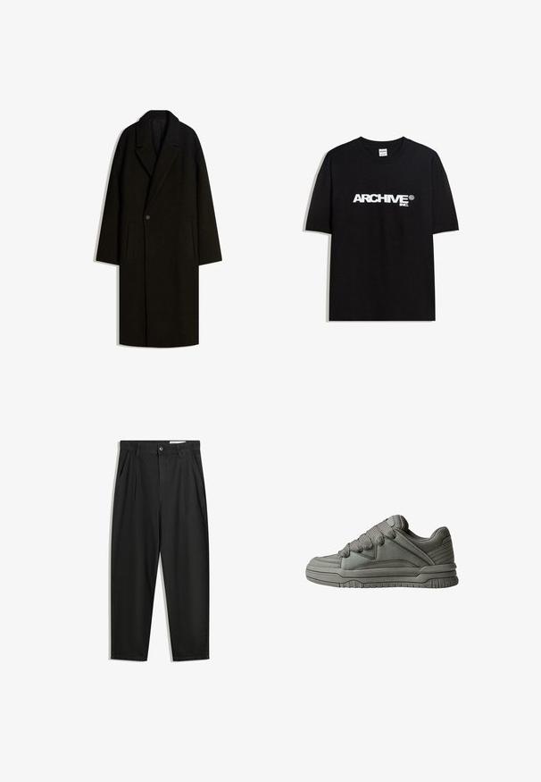 Palton lung din lână neagră, cu guler lat, închidere cu un singur nasture și buzunare laterale, expus plat pe un fundal alb.; Tricou din bumbac negru cu un logo alb "ARCHIVE inc." pe piept, mâneci scurte și guler rotund.; Pantaloni negri din bumbac cu croială lejeră, având un brâu clasic, plii frontale și buzunare laterale. Textură netedă fără modele.; Pantof de sport gri, cu un superior din piele texturată și plasă, talpă groasă din cauciuc și un limbaj proeminent, căptușit pe părțile laterale. Include șireturi și accente laterale.