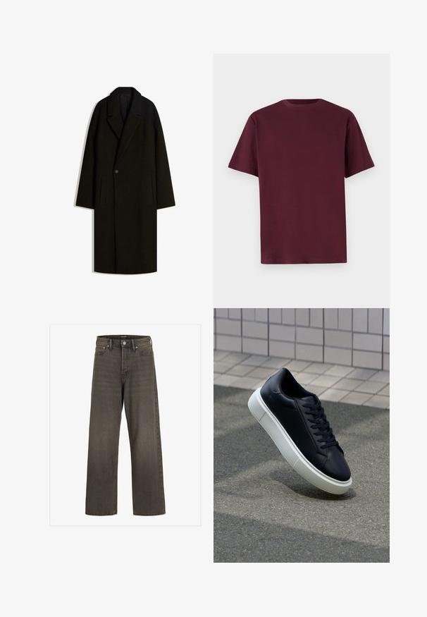 Cappotto lungo in lana nera con ampio colletto, chiusura a un bottone e tasche laterali, esposto piatto su sfondo bianco.; T-shirt di cotone borgogna con maniche corte, colletto girocollo e una texture liscia. Design semplice senza motivi o dettagli aggiuntivi.; Jeans a gamba larga in denim grigio scuro, con vita alta, design classico a cinque tasche e cuciture a contrasto lungo le cuciture.; Sneaker in pelle nera con punta arrotondata e suola in gomma bianca. Presenta lacci piatti e cuciture minime sulla parte superiore. Suola testurizzata per una migliore aderenza.