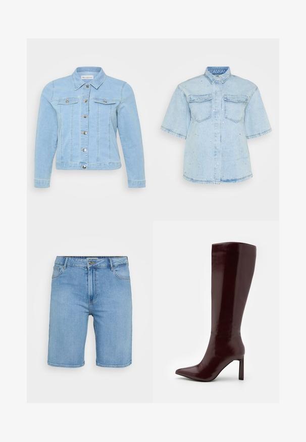 Light blue denim jacket with long sleeves, classic collar, front button closure, and two chest pockets with button flaps. Smooth texture.; Light blue denim shirt with short sleeves, featuring two front pockets and embellished with small silver studs throughout.; Light blue denim shorts with a classic cut, featuring a front button closure, belt loops, and two side pockets. Smooth texture and straight hem.; Even&Odd Boots - dark red