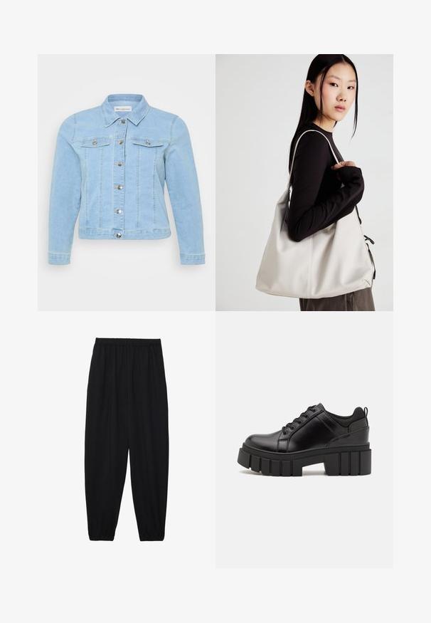 Jachetă din denim de un albastru deschis, cu mâneci lungi, guler clasic, închidere frontală cu nasturi și două buzunare pe piept cu clapete cu nasturi. Textură netedă.; Tricou negru din bumbac cu mâneci scurte, având pe partea stângă a pieptului un mic grafic cu un fluture roz. Design cu guler rotund și croială lejeră.; Pantaloni negri, ușori, cu un brâu elastic și tivuri strânse. Materialul este neted și are un design relaxat, conic.; Pantofi cu talpă plată din piele neagră, cu toc gros, vârf rotund și design tradițional cu șireturi. Prezintă o textură netedă și detalii minime.; Geantă bej din material moale, cu un design lejer, detalii cusute și două bretele pentru umăr. Potrivită pentru utilizarea zilnică.