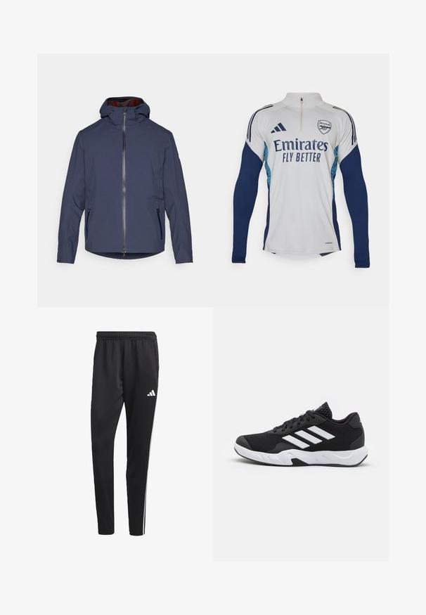 Tamsiai mėlynas vandeniui atsparus švarkas su gobtuvu, priekiu užtraukiamu užtrauktuku ir dviem šoninėmis kišenėmis. Sklandus paviršius ir šiek tiek prigludęs siluetas.; Balta ilgomis rankovėmis maikutė su tamsiai mėlynomis detalėmis, pusiau užtraukiama apykakle, atitinkanti „Emirates Fly Better“ logotipą ir Arsenal klubo emblemą.; Juodos sportinės kelnes su tampriu juosmeniu, baltomis šoninėmis juostelėmis ir mažu baltu logotipu ant šlaunies. Pagamintos iš sklandžios, lengvos medžiagos.; Juodi sportiniai batai su tekstūruotu tinkliniu paviršiumi, baltais akcentų dryžiais, paminkštintu padu ir sustiprintu kulnu paramai.