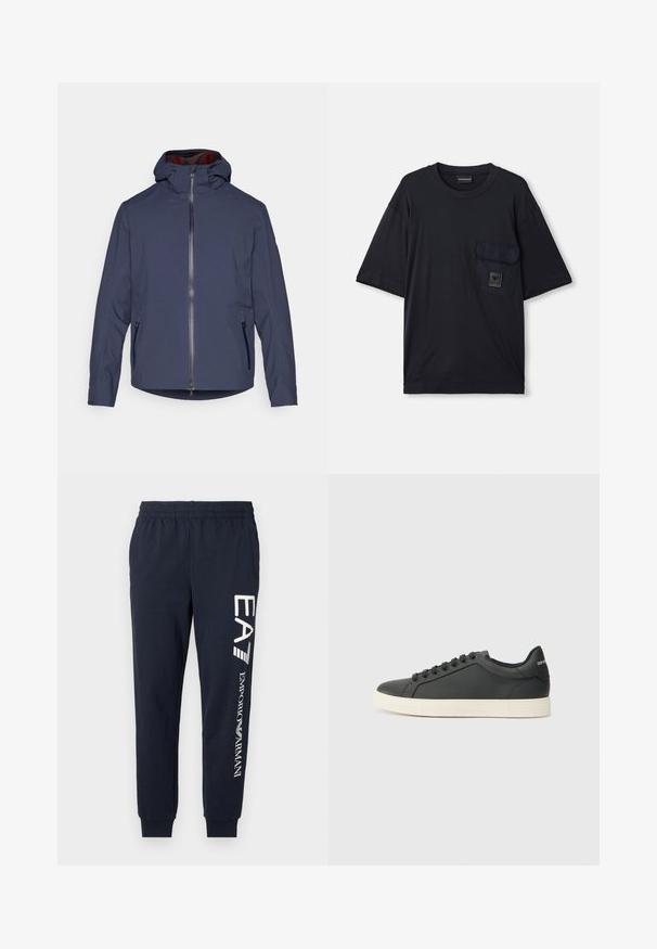 Marineblauwe waterdichte jas met capuchon, ritssluiting aan de voorkant en twee zijzakken. Glad textuur en licht getailleerde pasvorm.; Zwarte T-shirt met korte mouwen en ronde hals, voorzien van een klepzak aan de linkerkant van de borst met een klein rechthoekig logo-embleem.; Donkerblauwe katoenen joggers met een elastische tailleband, taps toelopende benen en contrasterende witte EA7 en Emporio Armani logo's bedrukt langs de zijkant.; Zwarte leren sneaker met een laag profiel, ronde neus en vetersluiting; beschikt over een getextureerde rubberen zool en logo-detail op de hiel.