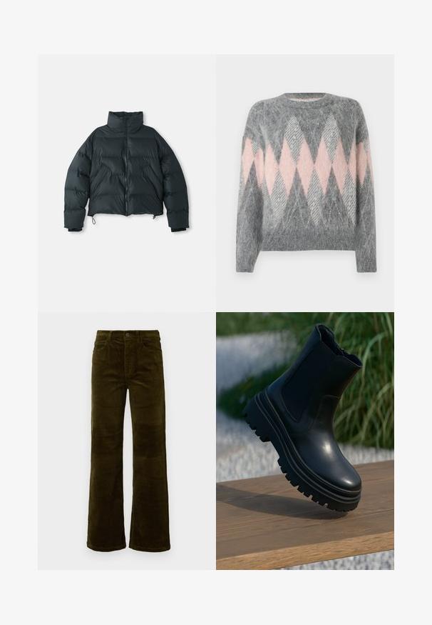 Fekete rövid pufi dzseki magas gallérral, steppelt mintával, elülső cipzárral és elasztikus mandzsettákkal; az alján állítható húzózsinórok találhatók.; Szürke gyapjú pulóver rózsaszín és világosszürke rombusz mintával. Kerek nyakkivágás és bordázott alsó szegély. Puha tapintású, hosszú ujjú.; Sötét olíva zöld kordbársony harangszárú nadrág. Öt zseb, gombos záródás, és függőleges bordázott textúra jellemzi. Standard méret, klasszikus dizájn.; Fekete bőr bokacsizma tompa talppal, elasztikus oldalsó panellel és sima felülettel. Emelt kialakítás, kontrasztos talp mintázattal.