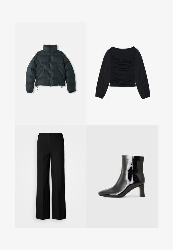 Schwarze, kurz geschnittene Daunenjacke mit hohem Kragen, gestepptem Muster, Frontreißverschluss und elastischen Bündchen; verfügt über verstellbare Kordelzüge am Saum.; Schwarzes Langarmoberteil mit gerafftem Stoffdetail an der Vorderseite und an den Handgelenken, aus weichem, elastischem Material mit einem U-Boot-Ausschnitt.; Schwarze weit geschnittene Hosen aus glattem Stoff mit hoher Taille, taillierten Nähten und minimalistischer Gestaltung. Keine sichtbaren Beschläge oder Taschen.; Schwarzer Lackleder-Stiefelette mit spitzer Zehe und einem mittelhohen Blockabsatz. Glatte Textur und minimalistisches Design.