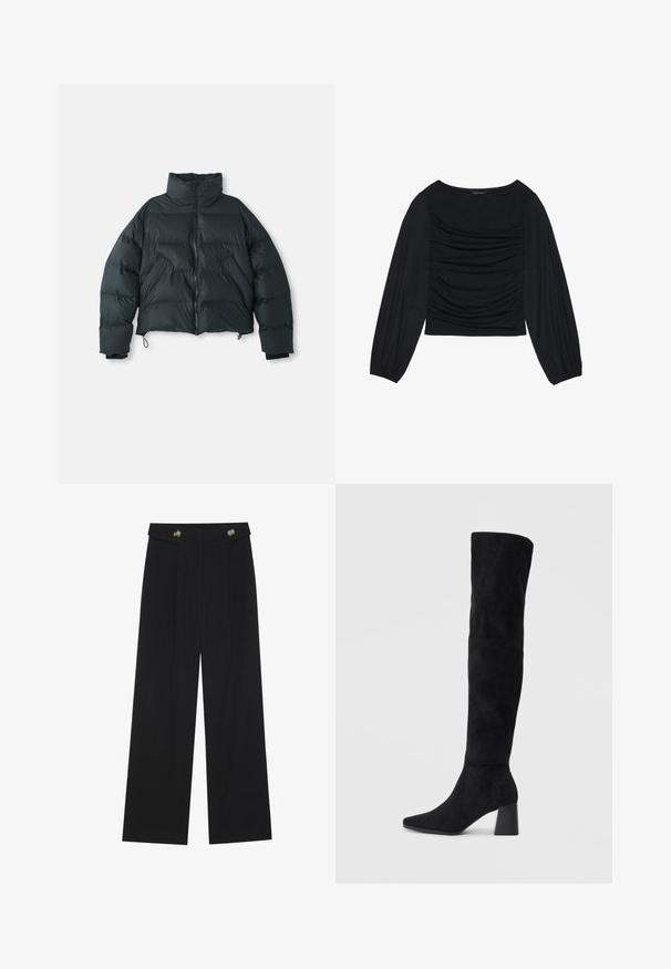 Musta lyhyt toppatakki, jossa on korkea kaulus, tikattu kuvio, vetoketju edessä ja joustavat hihansuut; sisältää säädettävät kiristysnauhat helmassa.; Musta pitkähihainen paita, jossa on kyynärpäissä ja edessä rypytetty kangasdetalji. Valmistettu pehmeästä, joustavasta materiaalista ja avokorcista kaula-aukosta.; Mustat leveälahkeiset housut, joissa on korkea vyötärö, napit vyötärönauhassa ja etupuolella laskokset.; Musta samettinen polvipitkä saapas, jossa on lohkarekorko, terävä nilkka ja sileä, saumatonta muotoilua tasaisella vaalealla taustalla.
