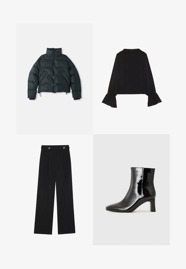 Sort cropped pufjakke med høj krave, kviltet mønster, lynlås foran og elastiske manchetter; har justerbare snore i kanten.; Sort langærmet top med flagrende manchetter, blød tekstur og en afslappet pasform, samt en enkel rund halsudskæring.; Sorte vide bukser med høj talje, knapdetaljer på taljebåndet og frontfald.; Sort lakeret ankelstøvle med spids tå og en midt-højde blokhæl. Glat tekstur og minimalistisk design.