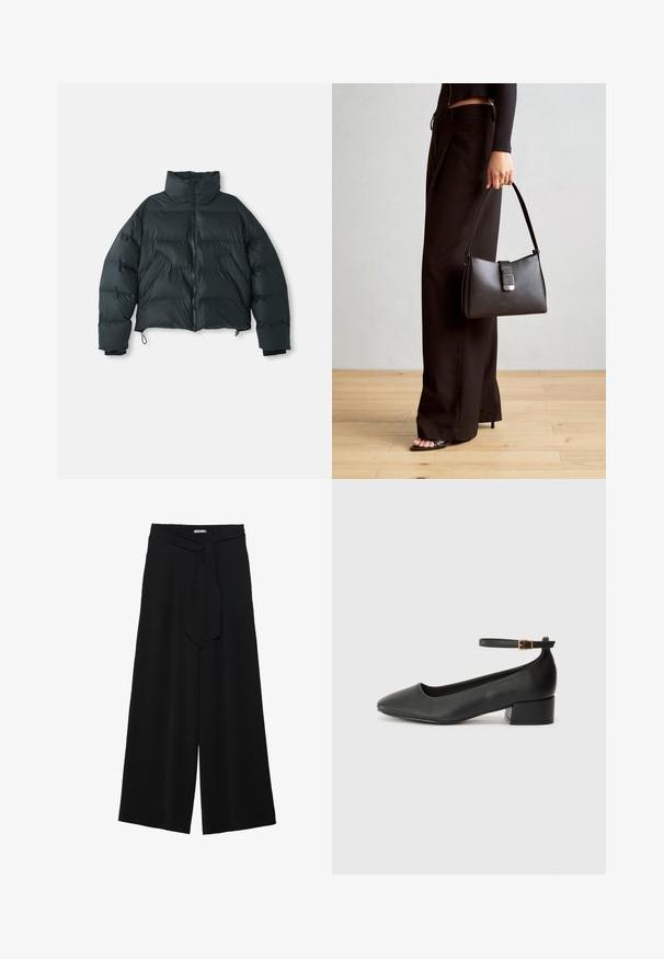 Black cropped puffer jacket with a high collar, quilted pattern, front zipper, and elastic cuffs; features adjustable drawstrings at the hem.; Long-sleeve t-shirts in white, burgundy, and black. Made of soft fabric with a round neckline and fitted design. Suitable for layering.; Black wide-leg pants featuring a textured fabric, an elastic waistband, and a detachable sash tie at the waist for adjustable fit.; Black leather pump with a pointed toe and a low block heel. Features an ankle strap with a gold-tone buckle. Smooth texture.; Black handbag with structured shape, smooth texture, and a metallic clasp. Paired with wide black pants and open-toe sandals on wooden floor.