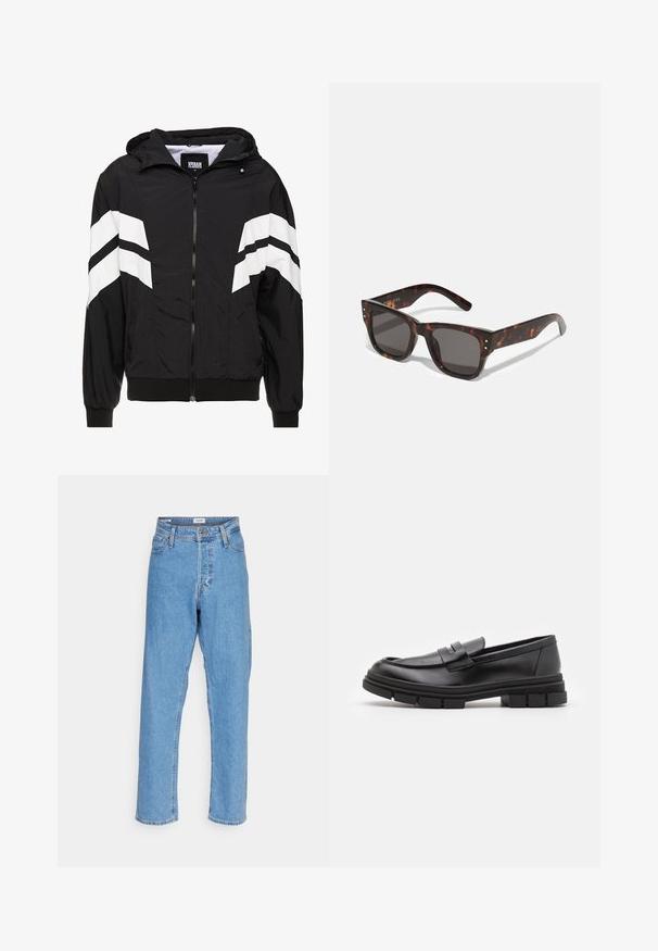 Svart vindjacka med vita diagonala ränder, dragkedjestängning, huva, elastiska ärmmuddar och en enfärgat svart nederdel. Materialet verkar vara lättviktigt.; Svart polotröja i mjukt stickat material. Har långa ärmar, ribbad krage och fåll. Enkel, stilren design utan mönster.; Ljusblå högmidjade raka jeans med framknapp, dragkedja, bälteshällor och femfickorsdesign på vit bakgrund.; Svarta läderloafers med en slät finish, med en framrem och en chunky gummisula med spåriga detaljer.; Solfjädrade solglasögon i sköldpaddsdesign med mörka linser, fyrkantig ram och silverdetaljer på framsidan. Tillverkade i plast, lätta och hållbara.