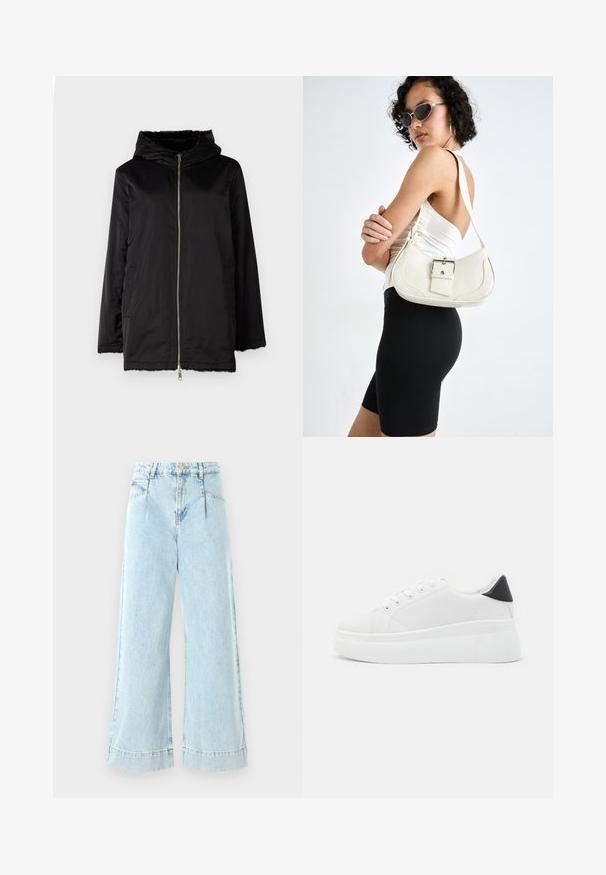 Juodas gobtuvas striukė, pagaminta iš lygaus audinio, su priekiniais užtrauktukais, šoniniais kišenėmis ir puriu pamušalu aplink gobtuvą bei apatinę dalį.; Balta medvilninė trumpa rankovė marškiniai su raudonu omaro piešiniu ir mėlynu tekstu, kuris sako "Maine Beach geriausias omaras iš Masačiusetso."; Šviesiai mėlynos plačios džinsinės kelnės, pagamintos iš džinsinio audinio, su aukštu liemeniu, priekinėmis kišenėmis ir siuvinėjimais ant apdailos.; Balti platforminiai sportbačiai, pagaminti iš lygios sintetinio audinio, su apvaliu pirštu, raištelių užsegimu ir tekstūruota guma padanga. Juodas kulno akcentas.; Balta odinė rankinė su kreiva forma, reguliuojama dirželiu ir mažu sagties akcentu. Modelis vilki priglundančius juodus drabužius.