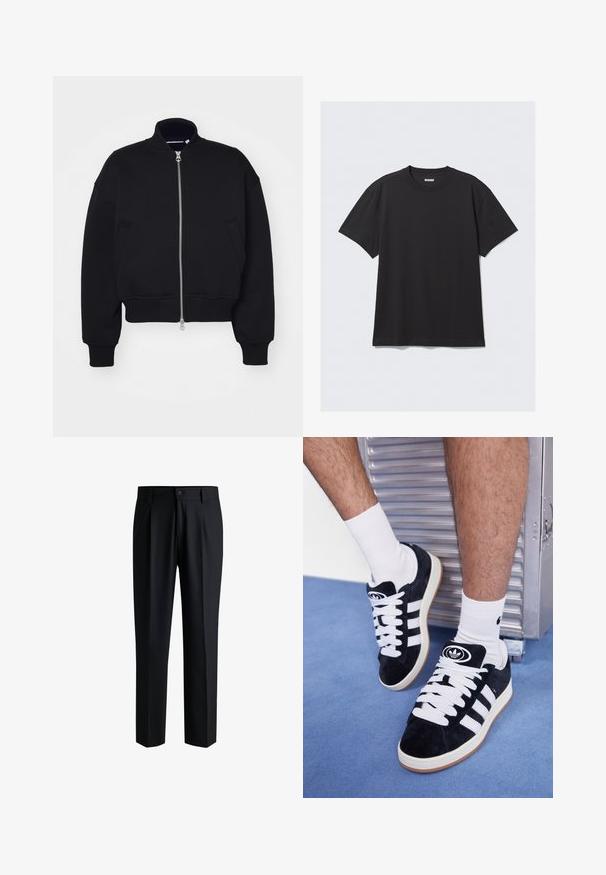 Mustmust mustlakk must, mis on valmistatud pehmest kangast, kõrge kaelusega, ees tõmbeja ja küljetaskutega. Lihtne disain soonikustega mansettidega.; Must sõnumit särk lühikeste varrukate ja puuvillase kangaga. Omab ümarat kaelust ja lõdva istuvust. Lihtne disain, ilma mustrite või aktsentideta.; Mustadest siledast kangast püksid, sirge jalaga disain, voldid ees, nööbiluku ja vööloopidega.; Mustad nahkjalatsid valgete paelte ja kolme valge triibuga. Omab ümmargust musta logo keele peal ning kummist tallat.