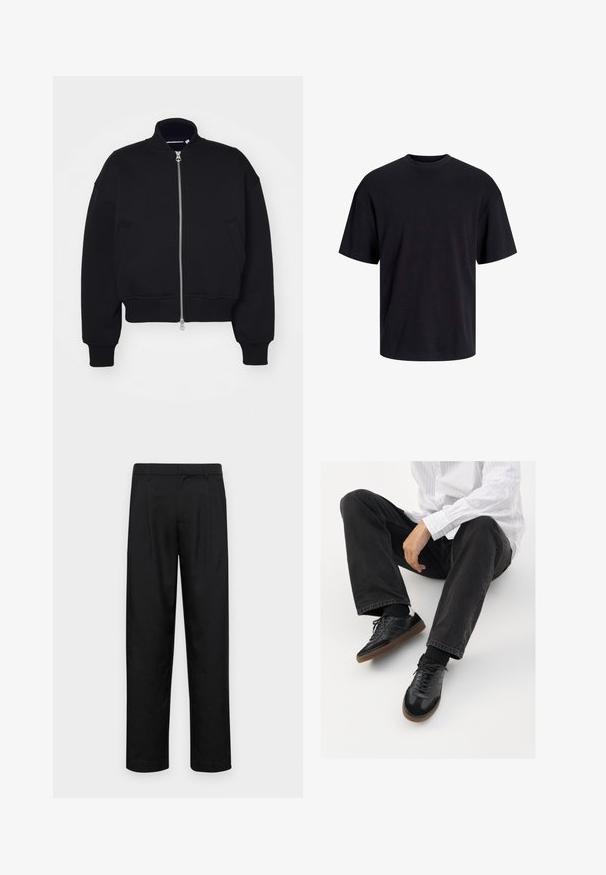 Black cropped bomber jacket made from soft fabric, featuring a high collar, front zipper, and side pockets. Simple design with ribbed cuffs.; Black cotton t-shirt with a crew neckline, short sleeves, and a relaxed fit. Smooth texture and no visible patterns or accents.; Black trousers made of smooth fabric, featuring a straight-leg design, two front pleats, and standard waistband with belt loops.; Black sneakers with a smooth and textured upper, featuring a rubber sole and dark laces. Paired with black jeans and a white striped shirt.