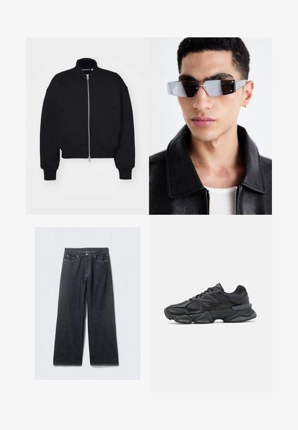 Čierna skrátená bomber bunda vyrobená z mäkkého materiálu, s vysokým golierom, predným zipsom a bočnými vreckami. Jednoduchý dizajn s rebrovanými manžetami.; Čierne krátke tričko s krátkym rukávom vyrobené z bavlny, s obojstranným výstrihom a voľným strihom. Hladká textúra s minimálnymi švovými detailmi.; Tmavé džínsy s širokými nohavicami a vysokým pásom, s medenými nitmi a kontrastným prešívaním, hladkou textúrou a bez viditeľných vzorov.; Čierna bežecká obuv so zmesou sieťoviny a syntetických materiálov, robustnou podrážkou, zakriveným dizajnom a výrazným logom na boku.; Uhly šedé slnečné okuliare s striebornými prvkami na svetlom pozadí. Šošovky majú jedinečný geometrický tvar.