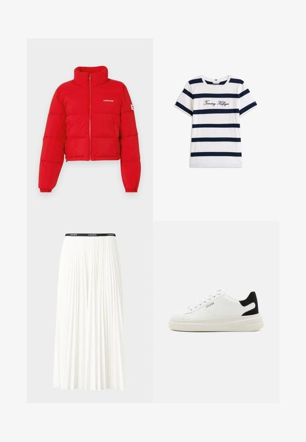 Guess Jeans Vinterjacka - rot; T-shirt i bomull med horisontella marinblå ränder på vit bakgrund. "Tommy Hilfiger" broderat i kursiv på bröstet. Rund halsringning.; Fälld vit kjol med svart elastiskt midjeband som har "LACOSTE"-logotypen. Mittenlång design med mjuk textur.; Vita lädersneakers med en tjock vit sula, svartsuede hälaccent och präglad logotyp på sidan. Snörningsdesign med sex öglor.