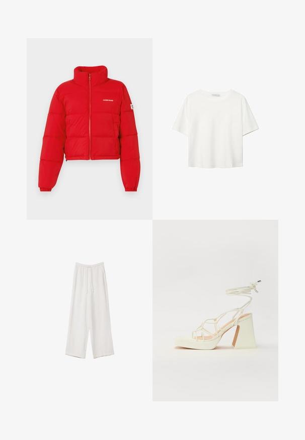 Guess Jeans Zimní bunda - rot; Bílý krátký rukáv tričko vyrobené z bavlny. Má kulatý výstřih a volný střih. Hladký materiál bez viditelných vzorů nebo akcentů.; Bílé široké kalhoty vyrobené z lehké tkaniny. Mají elastický pas se šňůrkou a boční kapsy. Hladká textura.; Bílé sandály na vysokém podpatku s robustním podpatkem, s designem s pásky a zavazováním kolem kotníku. Hladký povrch s platformou vpředu pro zvýšení výšky.