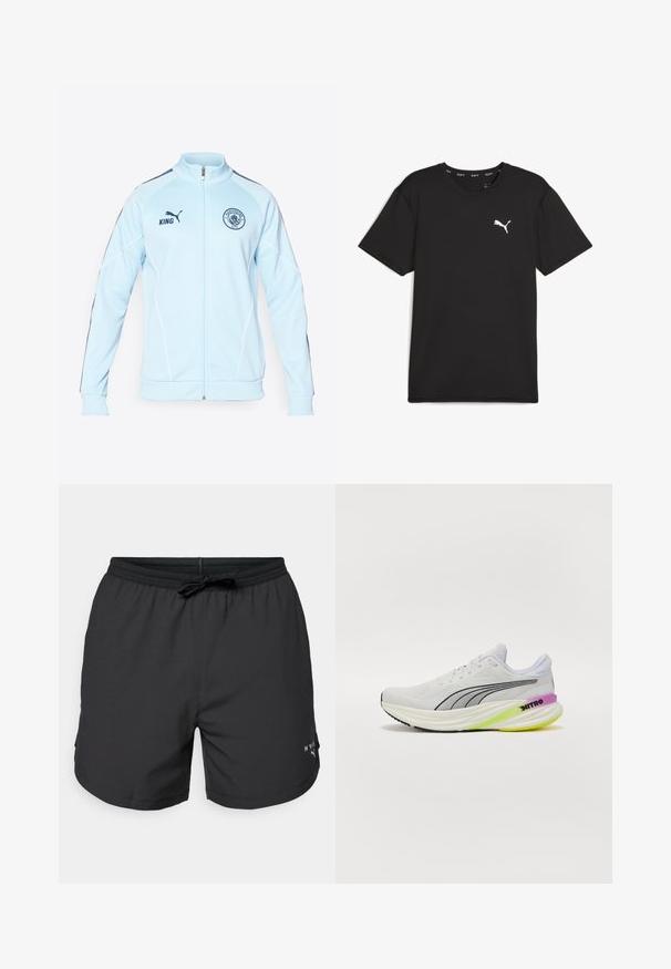 Lichtblauwe ritsjack met donkerblauwe accenten, witte piping en een geborduurd logo. Voorzien van geribbelde manchetten en tailleband.; Zwart sport t-shirt met korte mouwen van synthetische stof, met een wit Puma-logo op de bovenste linkerborst. Gladde textuur, ronde hals.; Zwarte zwemshorts met een elastische tailleband en trekkoord. Lichtgewicht stof met zijzakken. Voorzien van een klein logo op de zoom.; Witte sport schoen met ademende mesh bovenkant, zwarte accenten en een meerkleurige zool met paarse en groene details.