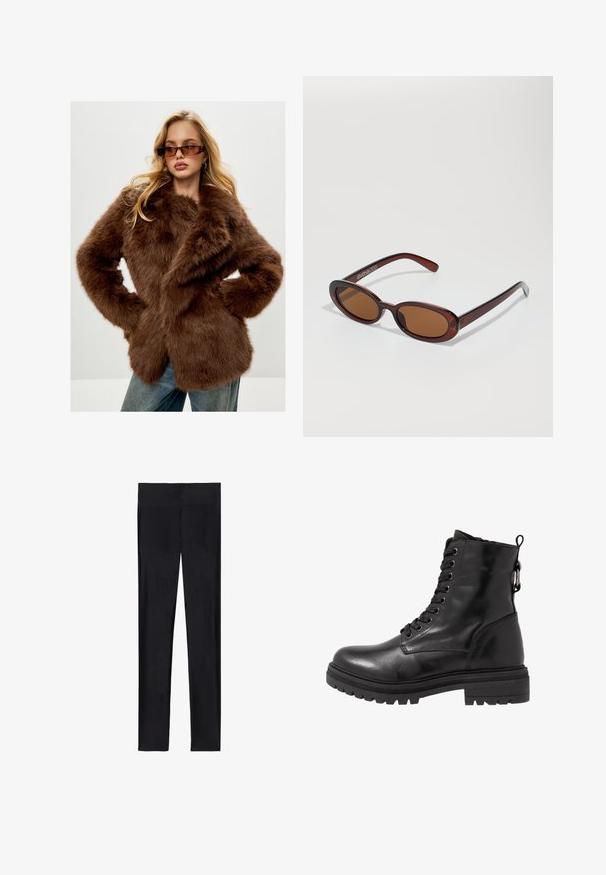 Cesare Gaspari Zimní kabát - brown; Černý rolák z měkké pleteniny. Disponuje dlouhými rukávy a úzkým střihem se rovnými okraji.; Černé legíny vyrobené z elastické tkaniny; mají hladký povrch, celoplošný design a elastický pas bez viditelných švů.; Černá kožená kotníková bota s kulatou špičkou, šněrováním v přední části a texturovanou gumovou podrážkou. Obsahuje poutko na zadní straně a zpevněné švy.; Kulaté sluneční brýle hnědé barvy s lesklým burgundským rámem. Úzké nožičky s jemným logem. Rovné čočky.; Hnědá kožená kabelka se strukturovaným designem. Obsahuje přední klopu, dvojité držadla, odnímatelný ramenní popruh a květinovou šálu uvázanou na jedné straně.; Černé kožené rukavice se třemi odlišnými sekcemi prstů a jednou sekcí pro palec, vybavené elastickými manžetami pro těsné usazení. Hladký povrch.