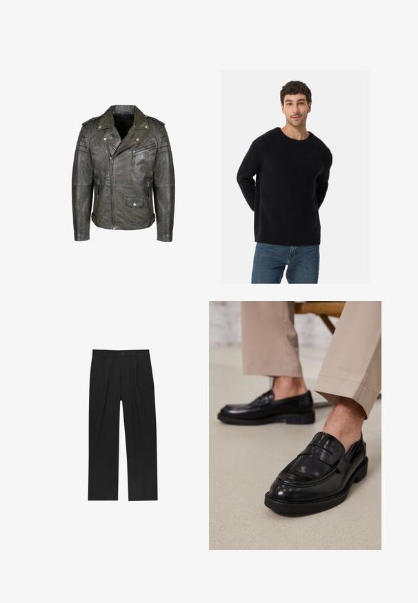 Bruine leren motorjack met een taille met riem, schouderepauletten, ritszakken en een gestructureerde afwerking. Heeft een asymmetrische rits aan de voorkant.; Zwarte ribbeltrui met een ronde halslijn en een ontspannen pasvorm. Zachte textuur, lange mouwen, gecombineerd met een blauwe spijkerbroek.; Zwarte broeken met een recht model, gemaakt van een gladde stof. Voorzien van een voorplooien en een enkele knoopsluiting bij de taille.; Zwarte leren loafers met een gladde afwerking, voorzien van een decoratieve band en contrasterende stiksels, gecombineerd met beige broeken.