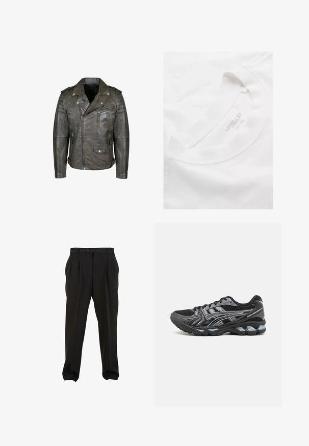 Veste en cuir marron de style motard avec une taille ceinturée, épaulettes, poches zippées et finition texturée. Présente une fermeture éclair frontale asymétrique.; T-shirt en coton blanc avec un col rond et une texture douce. Présente une étiquette imprimée à l'intérieur du col avec "NIVEAU SUPÉRIEUR" et des informations de taille.; Pantalons noirs en tissu lisse, avec des plis à l'avant, une taille à bouton et des poignets fuselés. Silhouette classique élégamment taillée.; Chaussure de sport noire avec tige en mesh, accents argentés et semelle rembourrée. Présente un design à lacets et une semelle texturée pour une meilleure adhérence.