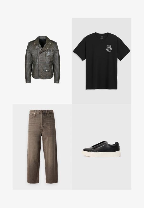 Chaqueta de cuero marrón estilo biker con cintura ceñida por cinturón, hombreras, bolsillos con cremallera y acabado texturizado. Presenta una cremallera frontal asimétrica.; Camiseta de algodón negra con un diseño gráfico en blanco que incluye elementos de un árbol y un zapato. Escote redondeado y mangas cortas con un corte relajado.; Jeans de pierna ancha en color marrón, fabricados en denim. Cuentan con una cremallera, pasadores para cinturón y cinco bolsillos. La tela presenta un aspecto desgastado y texturizado.; Zapatillas negras sin cordones con parte superior de cuero texturizado, suela de goma blanca y sin cordones visibles. Presenta el logo de la marca en el costado.
