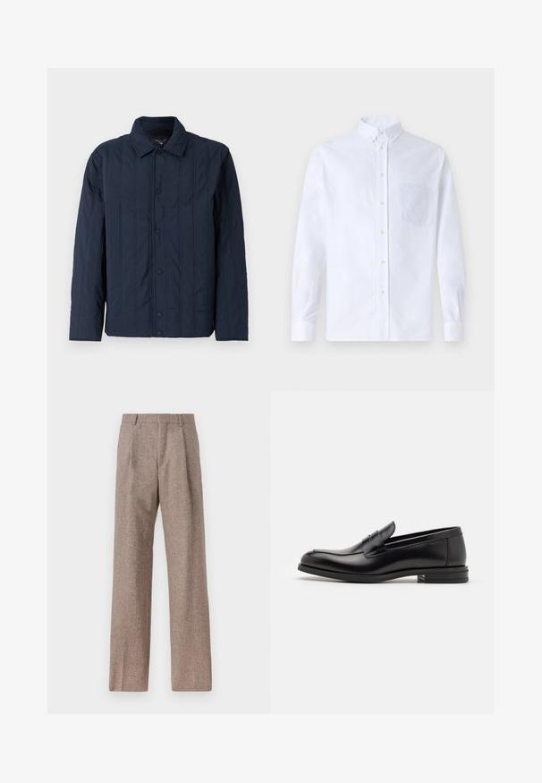 Tummansininen tikattu takki, jossa on kauluksellinen kaulus, pystysaumat ja mustat nepparit edessä. Sileä pinta.; Valkoinen pitkähihaista napillista paitaa, joka on valmistettu puuvillasta. Paita sisältää rinnan kohdalla taskun, jossa on samaa sävyä oleva brodeeraus, kauluksen sekä napilliset hihansuut.; Ruskejat, korkeavyötäröiset housut, jotka on valmistettu teksturoidusta kankaasta. Ominaisuuksina ovat leveät lahkeet ja kaksi etupuolelle ommeltua laskosta rakenteen tukemiseksi. Siisti viimeistely ilman näkyvää metalliosaa.; Mustat nahkakengät, joissa on sileä pinta, pyöreä kärki ja koristeellinen nauha jalkapöydän yli. Matala pinoitu koroke, minimalistinen muotoilu.