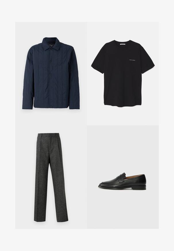 Tamsiai mėlynas siuvinėtas džemperis su apykakle, su vertikaliomis siūlėmis ir juodais spaudžiamais mygtukais priekyje. Lygus paviršius.; Juoda medvilninė marškinėlė su apykakle, trumpomis rankovėmis ir baltu logotipu kairėje krūtinės pusėje. Paprastas, vientisas spalvų dizainas.; Pilki pritaikyti kelnių modeliai, pagaminti iš tekstūruotos medžiagos, su dviem priekiniais klostėmis ir tiesiogine kojų forma. Nėra matomų kišenių ar puošybų.; Juodas odinis loaferis su apvaliu nosiu, subtiliomis siuvimo detalėmis ir žemu kulnu, pasižymintis lygia tekstūra ir minimalistiniu dizainu.