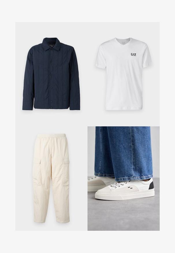 Granatowa pikowana kurtka z kołnierzykiem, z pionowymi szwami i czarnymi zatrzaskami z przodu. Gładka faktura.; Biała bawełniana koszulka z dekoltem w serek, krótki rękaw, z czarnym logo EA7 na lewej piersi. Gładka tekstura, prosty design.; Beżowe spodnie cargo z elastycznym pasem, wyposażone w dwie boczne kieszenie oraz miękki, lekki materiał. Zmarszczona tekstura.; Białe i czarne sneakersy z gładką skórzaną cholewką, teksturowanymi akcentami oraz masywną białą podeszwą. Posiadają klasyczny system sznurowania.