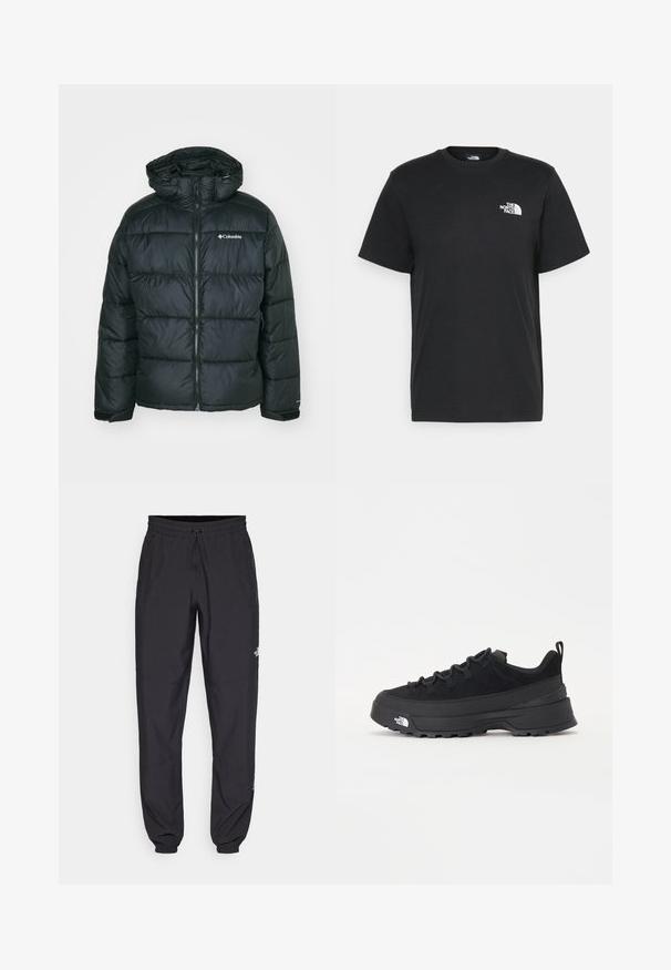 Black puffy jacket with a zip front and hood. Features a quilted design, elastic cuffs, and a small logo on the left chest area.; Black cotton t-shirt with short sleeves, crew neck, and a small white logo on the left chest. Simple design, smooth texture, and relaxed fit.; Black athletic pants made from lightweight fabric, featuring a drawstring waistband, side pockets, and tapered cuffs at the ankles.; Black outdoor sneaker with a suede upper, textured rubber sole, and sturdy lacing system. Features a reinforced heel and brand logo on the side.