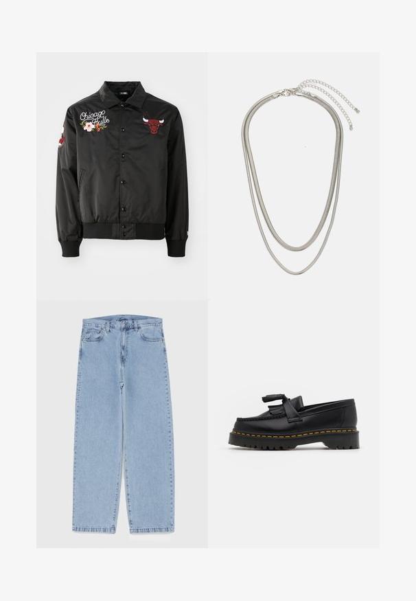 New Era NBA CHICAGO BULLS FLORAL SATIN - Club wear - black; FC Barcelona jersey featuring blue and red vertical stripes, Nike logo, and Spotify graphic in the center. Made from breathable fabric.; Light blue denim jeans with straight leg design, featuring a mid-rise waist, five pockets, and a button and zipper closure.; Black leather loafer with a tasseled accent, featuring a chunky black sole and yellow stitching along the edge. Textured finish.; Three-layered silver metal necklace featuring sleek, flexible chains with a slight sheen, secured with a lobster clasp and adjustable chain.