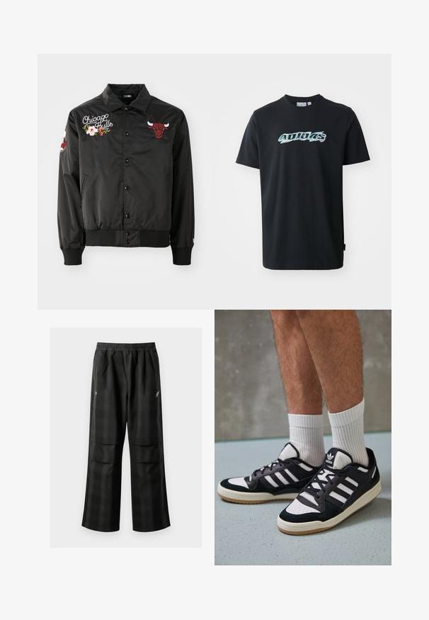 New Era NBA CHICAGO BULLS FLORAL SATIN - Roupa de discoteca - black; T-shirt de algodão preto com mangas curtas, apresentando um logótipo "ADIDAS" colorido e brilhante na parte da frente. Design clássico de gola redonda.; Calças pretas em padrão xadrez com cintura elástica, dois bolsos frontais e um ajuste solto com design de perna reta. Feitas de material leve.; Ténis em preto e branco com upper em camurça e couro, apresentando três riscas brancas, um toe perfurado e uma sola em borracha de goma.