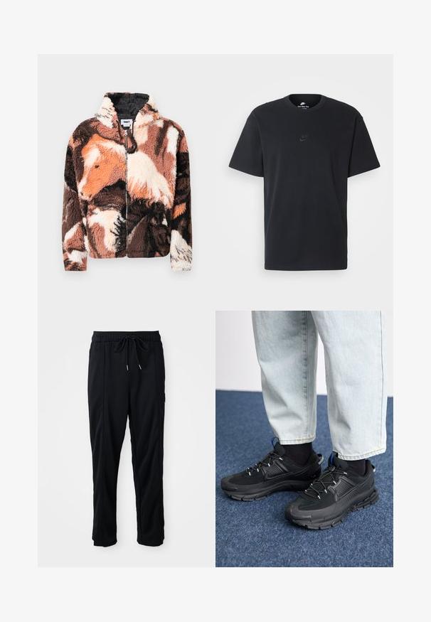 Fliisinis džemperis su ruda, juoda ir kreminė abstrakčiu karvės raštu, su užtrauktuku priekyje ir gaubtu, pasižymintis minkšta, tekstūruota paviršiaus struktūra.; Juodas medvilninis Nike marškinėliai su klasikinėmis apykaklėmis, trumpomis rankovėmis ir subtiliu, įspaustu logotipu ant krūtinės. Sklandus tekstūra.; Juodos laisvos kelnės su raišteliu liemens, šoninėmis kišenėmis ir tiesiu kirpimu ant vienodos fono.; Juodi sportiniai bateliai su tekstūruota medžiaga ir guminiais padais, su elastingomis raišteliais ir mėlynu akcentu ant kulno. Dėvimi su šviesiai mėlynomis džinsinėmis kelnėmis.