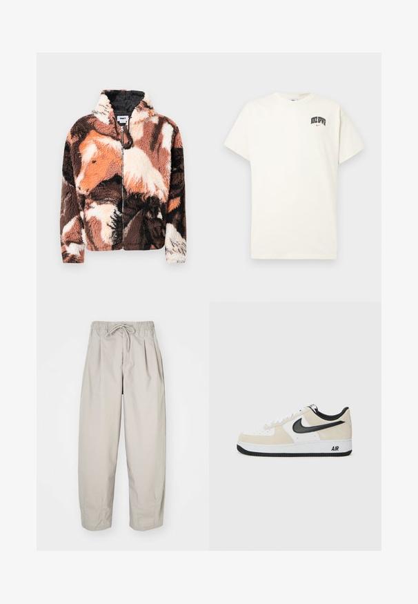 Chaqueta de forro polar con un patrón abstracto de vaca en marrón, negro y crema, cremallera frontal y capucha, con una superficie suave y texturizada.; Camiseta de algodón color crema con mangas cortas, que presenta "NIKE SB" en texto negro y rojo en el pecho. Cuello redondo estándar.; Pantalones ligeros color beige con cintura elástica y cordón de ajuste. Presentan pliegues y un corte holgado, elaborados con una tela suave y lisa.; Zapatillas con parte superior de ante beige claro y cuero blanco, swoosh negro de Nike, acentos negros y una suela de goma blanca con la marca "AIR".
