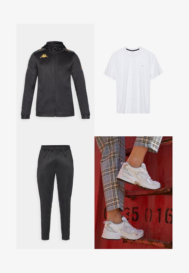 Chaqueta negra con cremallera y capucha, hecha de tejido suave. Presenta un logo dorado en el pecho y el hombro, y detalles grises en las mangas.; Camiseta de algodón de cuello redondo en color blanco, con mangas cortas y un pequeño logo bordado en el área del pecho izquierdo. Textura suave.; Pantalones deportivos negros hechos de un material suave y ligero. Cuentan con una cinturilla elástica y un corte ajustado con bolsillos con cremallera.; Zapatillas de malla blancas con detalles plateados y una suela texturizada, situadas sobre una superficie roja, acompañadas de pantalones a cuadros.
