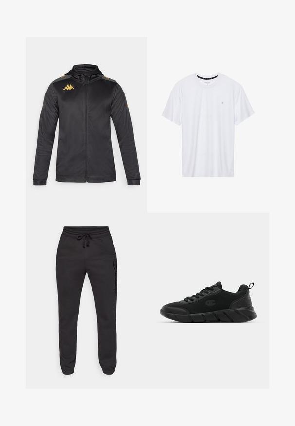 Svart zip-up jacka med huva, tillverkad av slät tyg. Har guld-Logo på bröstet och axlarna, samt grå detaljer på ärmarna.; Vitt crewneck t-shirt i bomull, med korta ärmar och en liten logotyp broderad på vänstra bröstområdet. Mjuk textur.; Champion ICONS ELASTIC-CUFF SLIM FIT - Träningsbyxor - black; Svarta atletiska sneakers med nätöverkonstruktion, förstärkt tå, texturerad mellansula och bakre dragflik för enkel påtagning. Logotyp visas på sidan.