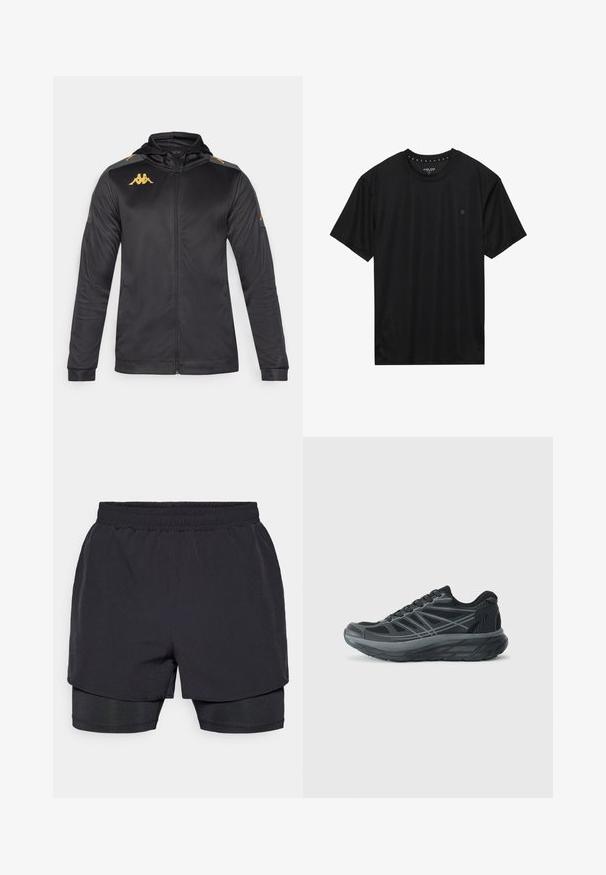 Zwarte zip-up jas met capuchon, gemaakt van gladde stof. Kenmerkt zich door een gouden logo op de borst en schouder, en grijze accenten op de mouwen.; Zwart T-shirt met korte mouwen, gemaakt van zachte stof, met een ronde halslijn en een klein zwart geborduurd logo op de linkerborst.; Zwarte sportshorts met een elastische tailleband, gelaagd ontwerp en een aansluitende binnenvoering. Glad textuur, ontworpen voor comfort.; Pier One Sport Sneakers laag - black