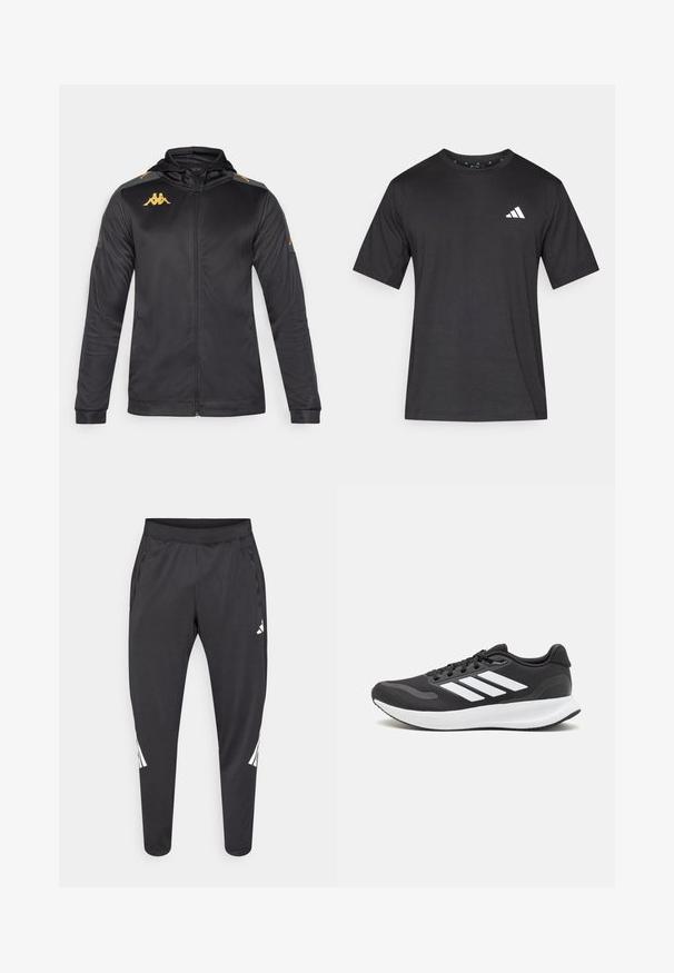 Zwarte zip-up jas met capuchon, gemaakt van gladde stof. Kenmerkt zich door een gouden logo op de borst en schouder, en grijze accenten op de mouwen.; Zwarte t-shirt met korte mouwen, gemaakt van stof met een gladde textuur; heeft een wit logo op de borst en een ronde hals.; Zwarte sportbroek met taps toelopende pijpen, elastische tailleband, zijzakken en witte logo- en streepdetails. Gemaakt van een glad, licht materiaal.; Zwart sportief schoen met ademend mesh bovenwerk, witte accenten en een gevoerde zool. Beschikt over een logo met drie strepen aan de zijkant.
