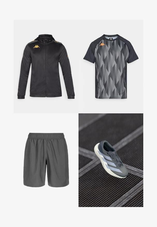 Zwarte zip-up jas met capuchon, gemaakt van gladde stof. Kenmerkt zich door een gouden logo op de borst en schouder, en grijze accenten op de mouwen.; Zwart sport t-shirt met een geometrisch gestreept patroon in grijs en wit, met een oranje logo op de linkerschouder. Korte mouwen.; Grijze sportshorts met een elastische tailleband, een gladde textuur en een losse pasvorm. Zijzak en minimale branding op het onderbeen.; Sportschoen in grijs en wit, gemaakt van synthetisch materiaal, met een gestroomlijnd ontwerp, textuurafwerking en een opvallend vetersysteem.