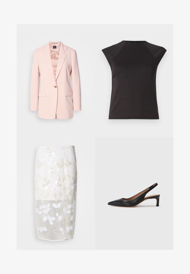 Jasnoróżowy żakiet o usztywnionej konstrukcji, z pojedynczym złotym guzikiem, dwoma przednimi kieszeniami i podszewką. Dopasowany krój z ostrymi klapami.; Czarny top z krótkim rękawem z okrągłym dekoltem i skośnymi szwami na ramionach. Wykonany z gładkiego materiału, o dopasowanym kroju i bez widocznych wzorów.; Spódnica do kolan w kremowym kolorze z kwiatowym wzorem z cekinów. Półprzezroczysta wierzchnia warstwa, podspód z podszewką. Gładka faktura z różnymi białymi ozdobami.; Czarne skórzane czółenka na potylicy z wydłużonym noskiem, niskim obcasem i gładką fakturą. Posiadają cienki, regulowany pasek zapewniający pewne dopasowanie.