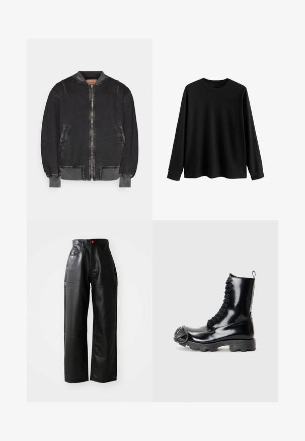 Melna džinsa bomberjakas ar rāvējslēdzēju priekšpusē, ribotu aproci un apkakli. Iekļauj divas sānu kabatas un teksturētu apdari.; Melns garām piedurknēm džemperis, izgatavots no mīkstas auduma, ar apaļu kakla izgriezumu, brīvu piegriezumu un ribotām piedurknēm. Minimalistisks dizains, bez papildus rakstiem.; Melni mākslīgās ādas platās kāju bikses ar augstu jostasvietu, redzamām kabatām un sarkanu pogu akcentu, ar gludu, spīdīgu tekstūru.; Melnas patentētas ādas kaujas zābaki ar spīdīgu apdari, ar šņorešanas dizainu, biezu gumijas zoli un izteiktu priekšpuses detaļu.