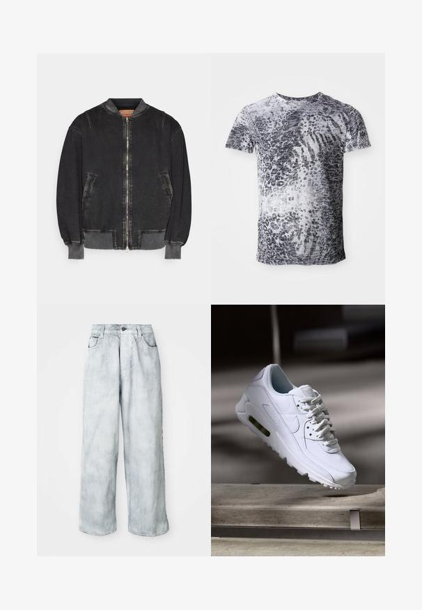 Mustam denimist bomber-jakk, mis on varustatud tõmblukuga esiosas, ribatud mansettide ja kraega. Omab kahte küljetaskut ja tekstuurset viimistlust.; Lühikeste varrukatega t-särk halli ja valge leopardimustriga. Valmistatud pehmest kangast, ümar kaeluse disainiga.; Heleroheline laiade sääretega teksad, millel on kõrge vöökoht, eesnupuga ja tõmblukuga kinnitamine, vöölukud ning ees- ja tagakotid.; Valge nahast tennisete õhustuskujuga pinnad, pehmendustega krae ja nähtav õhuklapp tallas. Omab paelu ja minimaliseeritud disaini.