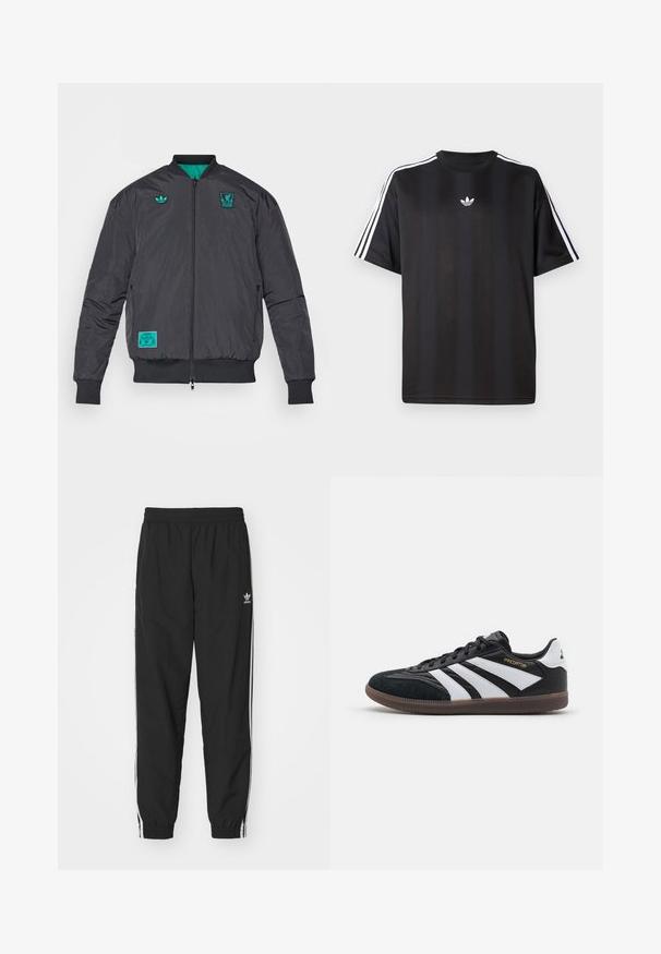 adidas Originals LIVERPOOL FC ICON JACKET - Klubové oblečení - black/sea green; Černé tričko s krátkým rukávem s bílými třemi pruhy na ramenou a malým bílým logem na hrudi. Hladká textilie.; Černé tepláky s elastickým pasem a manžetami, se světlými bočními pruhy a malým bílým logem Adidas na levém boku.; Černo-bílé sportovní boty s svrchní částí z semiše a syntetického materiálu, s třemi výraznými bílými pruhy, gumovou podrážkou a zlatým nápisem "Predator".