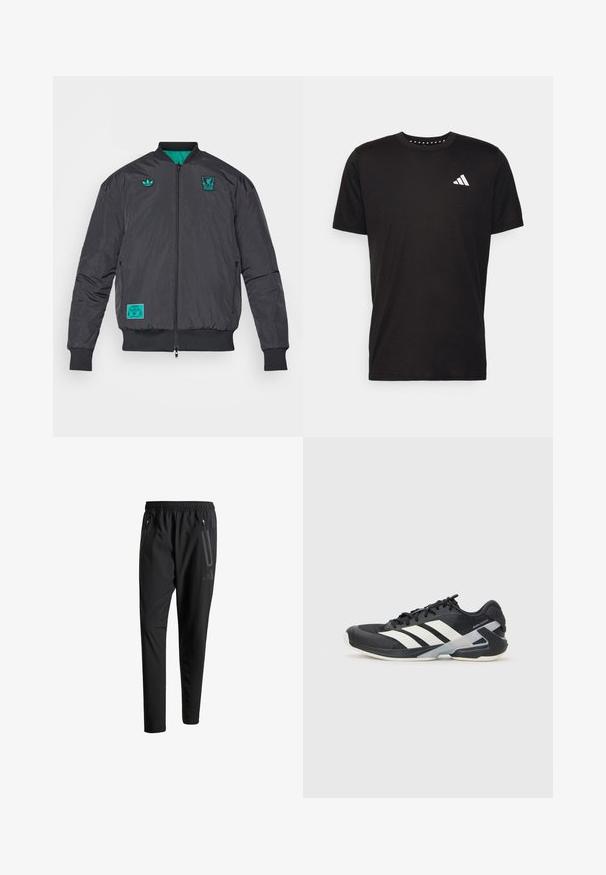 adidas Originals LIVERPOOL FC ICON JACKET - Klubbklær - black/sea green; Svart bomulls t-skjorte med korte ermer, rund hals og en hvit logo på venstre bryst. Glatt tekstur og enkelt design.; Svarte treningsbukser med elastisk liv, to glidelåslommer på sidene, avsmalnende ben og en subtil logo detalj ved hoften.; Svart treningssko med hvite striper, mesh-overdel, avrundet tå og polstret såle. Har en teksturert hæl og et sikkert snøresystem.