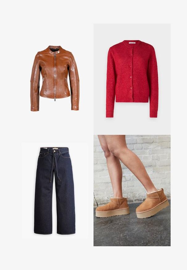 Brun læderjakke med rund krave, frontlynlås og to sidelommer. Har en glat tekstur og tætsiddende design.; Rød cardigan med rund halsudskæring, lange ærmer og knaplukning. Fremstillet af blødt materiale med en let struktureret overflade.; Hvid langærmet skjorte lavet af ribbet stof, med rund halsudskæring og tætsiddende design. Ingen mønstre eller accenter synlige.; Bredde ben mørkeblå denim jeans med høj talje, der har snoretræk, fem lommer og kontrastsyet detaljer.; Brune ruskinds ankelsko med en blød foring, tyk beige plattformsål og en bageste løkke. Tekstureret overflade med synlige sømdetaljer.