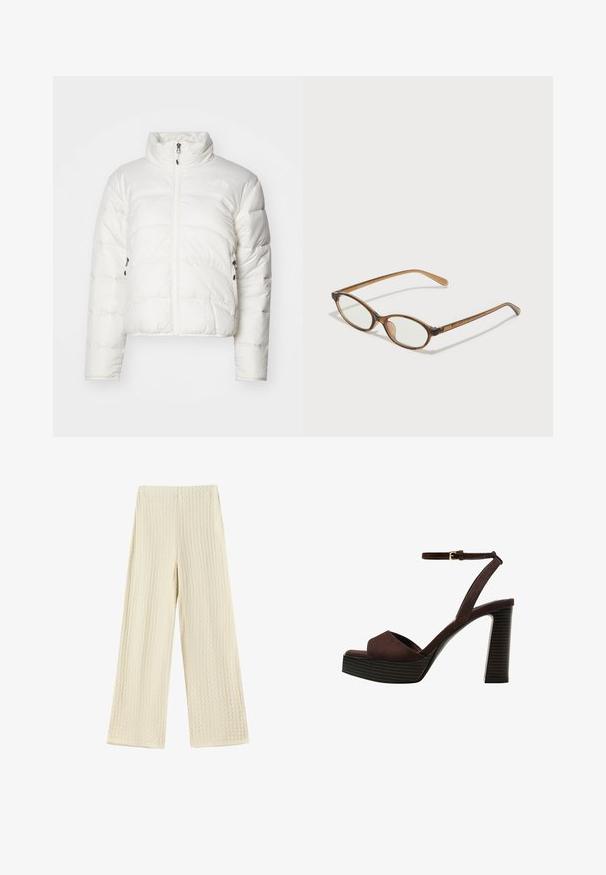 Vitt pufferjacka med hög krage, främre dragkedja och två sidofickor. Har ett quiltat mönster och en subtil logotyp på bröstet.; Mörkgrå kortärmad topp med båthals. Tillverkad av ribbad tyg, med avslappnad passform och ren fåll. Enkelt design, inga mönster.; Breda byxor i en texturerad, krämfärgad tyg. Designen har ett våfflat mönster med hög midja och helängd ben.; Bruna mocka högklackade sandaler med öppen tå, justerbar vristrem och en randig plattformssula.; Bruna sköldpaddsformade glasögon med ovala linser, tunna skalmar och transparanta detaljer. Innehåller en diskret logotyp på bågen. Snygg, lätt design.
