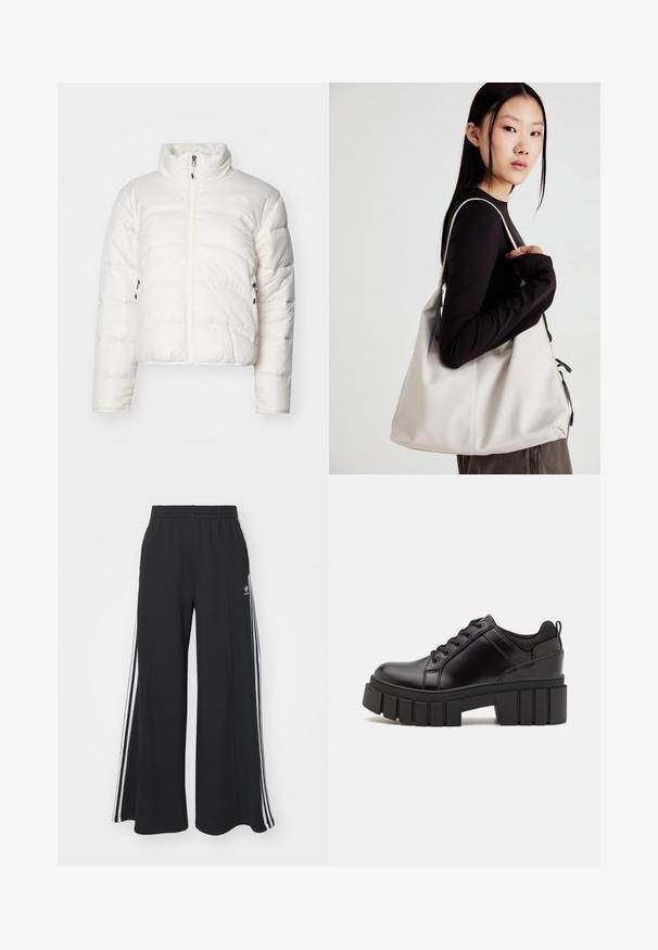 Hvid pufferjakke med høj krave, frontlynlås og to sidelommer. Har quiltet mønster og diskret logo på brystet.; To lange langærmede skjorter: en sort og en hvid. Begge har en rund halsudskæring, raglanærmer og et blødt bomuldsblandingsstof.; Sorte brede sweatpants med elastisk talje, med hvide sidelommer og et broderet logo på venstre lår.; Sorte læder platform sko med en klodset blokhæl, rund tå og traditionelt snøredesign. Har en glat tekstur og minimal detaljering.; Beige håndtaske lavet af blødt materiale med et slouchy design, stikninger og to skulderremme. Velegnet til daglig brug.