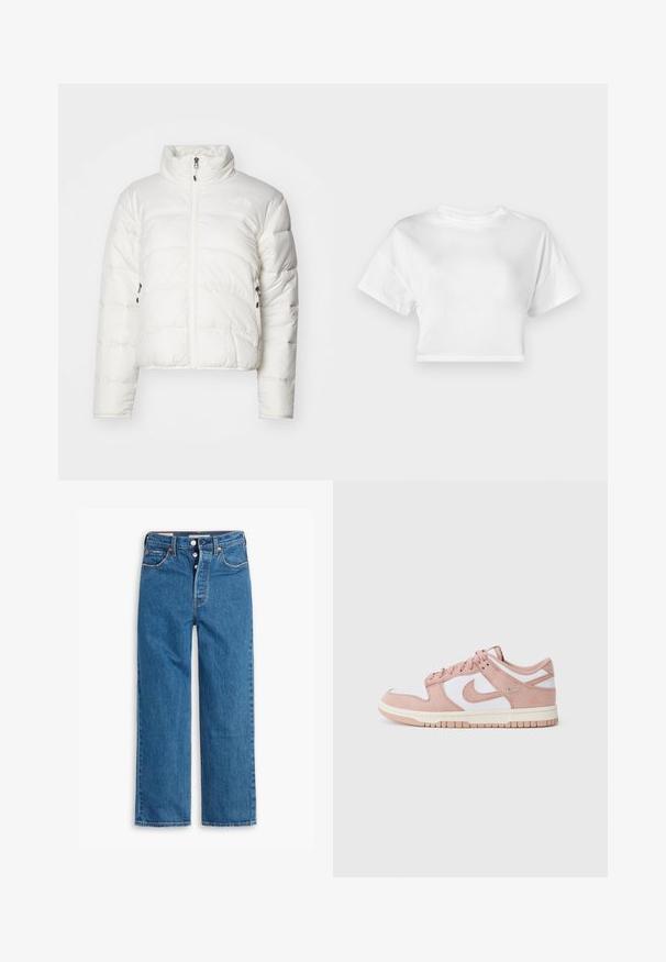 Balta pūkinė striukė su aukštu apykakle, priekiniais užtrauktukais ir dviem šoninėmis kišenėmis. Yra siuvinėtas raštas ir subtilus logotipas ant krūtinės.; Balta trumpa medvilninė marškinėlių palaidinė. Trumpi rankovės, apvali iškirptė, lygus paviršius, kasdienis dizainas be raštų ar puošmenų.; Mėlyni džinsai tiesaus šešiakampio modelio su aukšta liemens linija, penkių kišenių dizainu ir sagčių užsegimu. Matoma siuvimo linija ir vario atspalvio varžtai.; Batai turi minkštą rožinę zomšinę viršutinę dalį, baltas odines detales ir tekstūruotą gumos padas. Išskirtinis swoosh logotipas šonuose, raištelių dizainas.