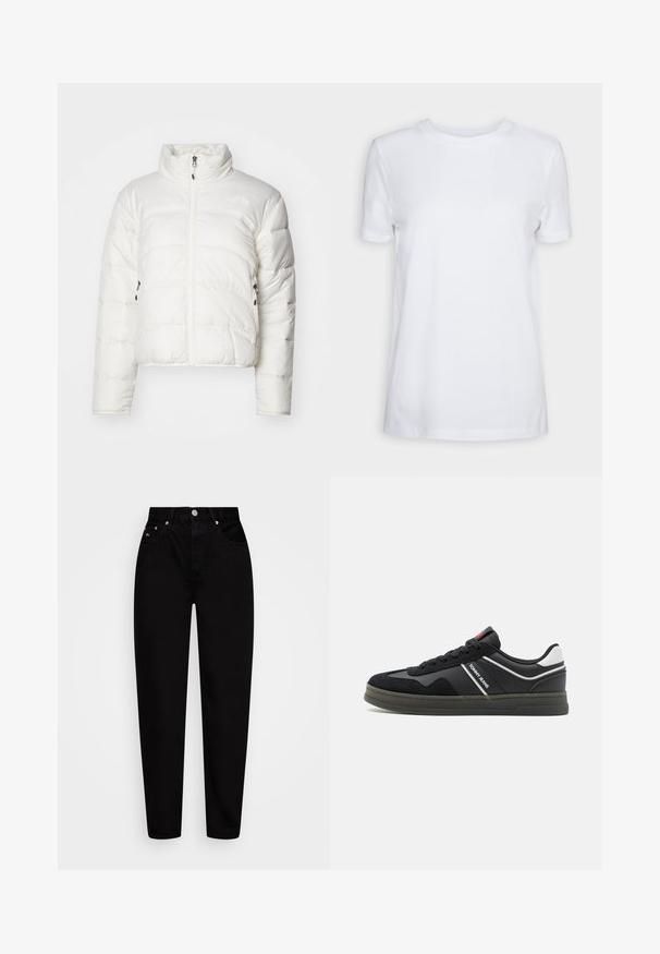 Fehér puffertöltésű dzseki magas gallérral, elülső cipzárral és két oldalsó zsebbel. Steppelt minta és diszkrét logó található a mellkason.; Fehér, rövid ujjú, pamut póló. Kerek nyakkivágású, sima textúrával, látható minták vagy kiegészítők nélkül. Alap stílus.; Magas derékú fekete egyenes szárú farmernadrág elülső gombbal, öt zsebbel és övhurkokkal, fehér háttér előtt bemutatva.; Tommy Jeans COURT - Sportcipő - black