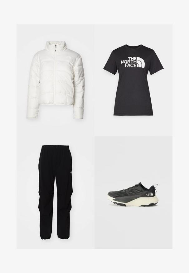 Hvit puffjakke med høy krage, frontglidelås og to sidelommer. Har quiltet mønster og subtilt logo på brystet.; Svart bomull T-skjorte med en stor hvit "THE NORTH FACE" logo og buet akksent. Korte ermer og rund hals, glatt tekstur.; Sorte utendørsbukser laget av slitesterkt materiale, med en avslappet passform, elastisk midjebånd og stramme mansjetter for justerbar lengde.; Svart treningssko med teksturert overdel, med grå detaljer og hvit såle. Har en pull tab og fremtredende merkevarelogo på hælen.