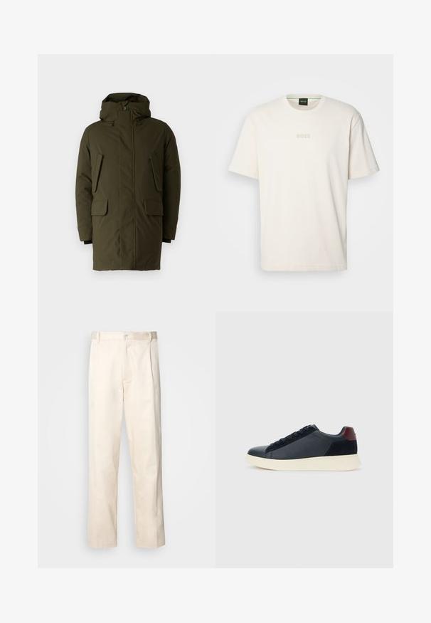 Parka verde oliva con cappuccio, dotata di chiusura a zip e bottoni, due tasche anteriori con patta e tessuto testurizzato per l'isolamento.; BOSS TEE - T-shirt basic - open white; Pantaloni in cotone beige con taglio dritto, dotati di chiusura a bottone e pence sul davanti per un tocco di dettaglio in più.; Sneaker da uomo a basso profilo in pelle nera e suede con linguetta sul tallone color bordeaux e suola in gomma bianca, vista dal lato esterno.
