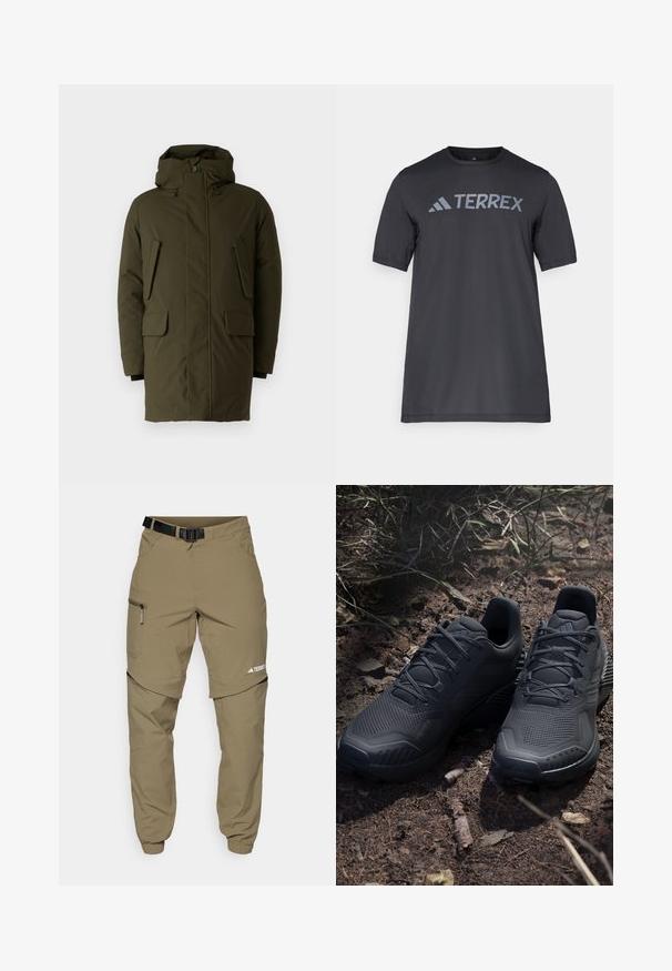 Olive green parka with a hood, featuring a zip and button closure, two front flap pockets, and textured fabric for insulation.; Black short-sleeve t-shirt made of lightweight fabric, featuring a light gray “TERREX” logo across the chest and a crew neckline.; Khaki outdoor pants with a adjustable black belt, zippered pockets, tapered cuffs, and detachable lower legs for versatile styling.; Black athletic shoes with a textured knit upper, reinforced toe, and cushioned sole, displayed on earthy ground with scattered twigs.